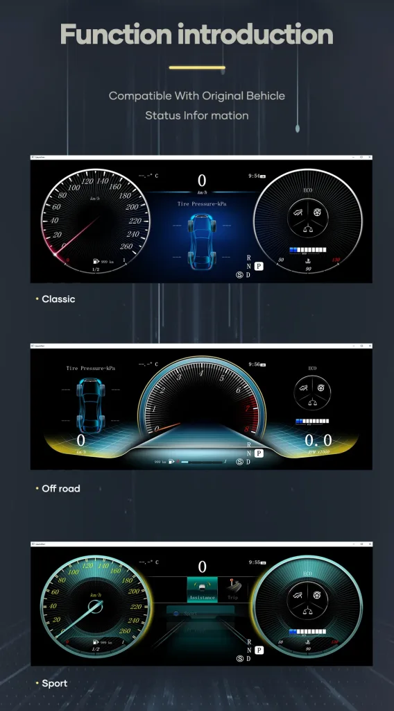 Mercedes C GLC digital cluster multiple UI themes for classic sport and off road display