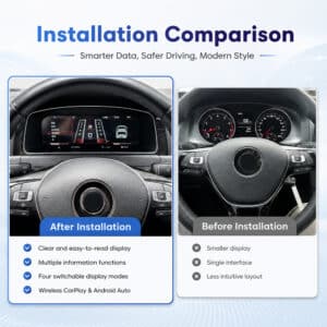Comparação do cockpit virtual do VW Golf Mk7 mostrando dados mais inteligentes, condução mais segura, estilo moderno