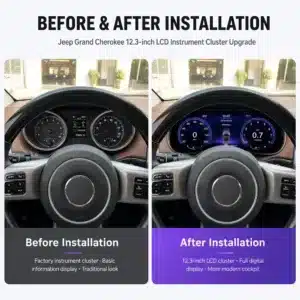 Jeep Grand Cherokee Digital Instrument Cluster 2014–2018 12.3″ LCD Upgrade 2 Jeep Grand Cherokee original and digital cluster before and after comparison