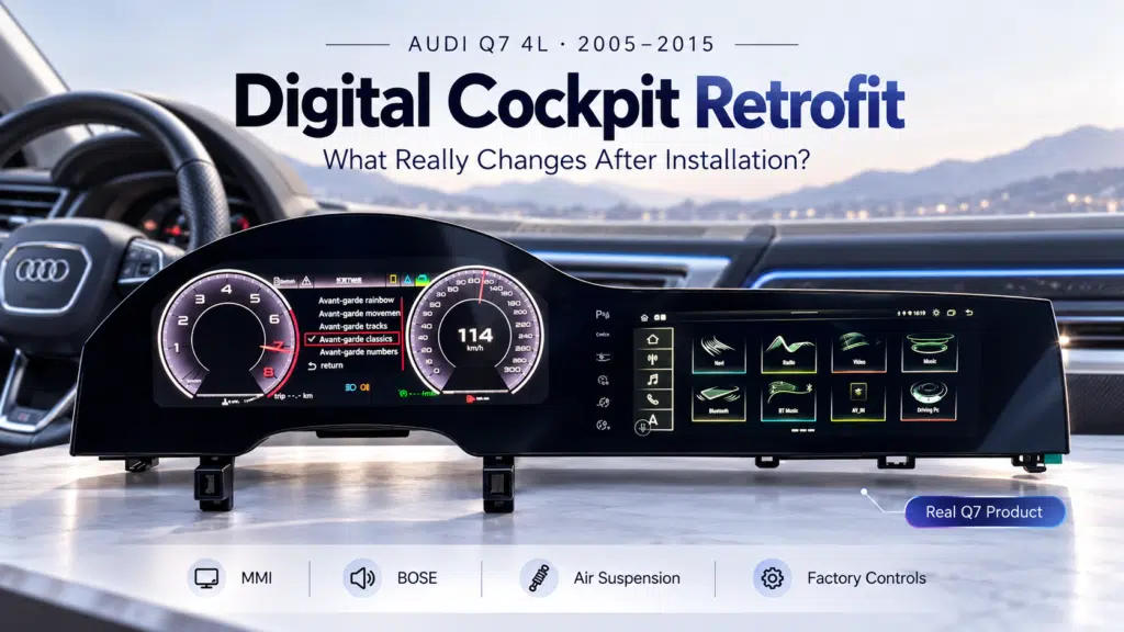 Retrofit do Cockpit Digital Audi Q7 4L – Painel de Instrumentos Original Versus Cockpit Digital iKAGOO Instalado