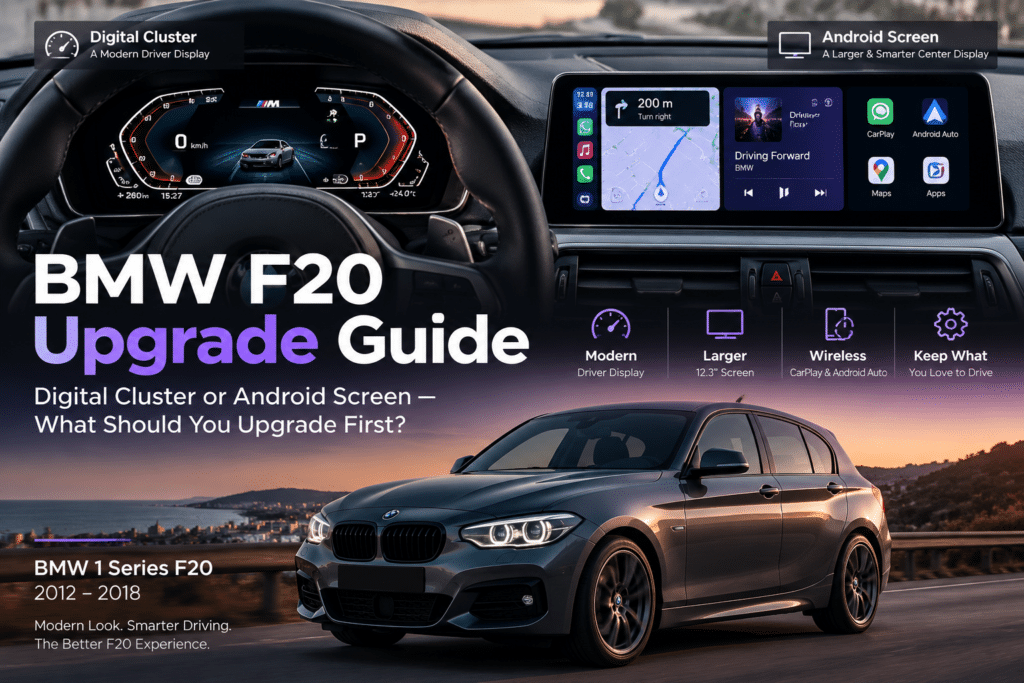 Guia de atualização do BMW F20 comparando o painel digital e as atualizações do cockpit com ecrã Android