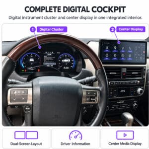 Interior do Lexus GX460 a mostrar o painel de instrumentos digital instalado atrás do volante e o ecrã central de infoentretenimento